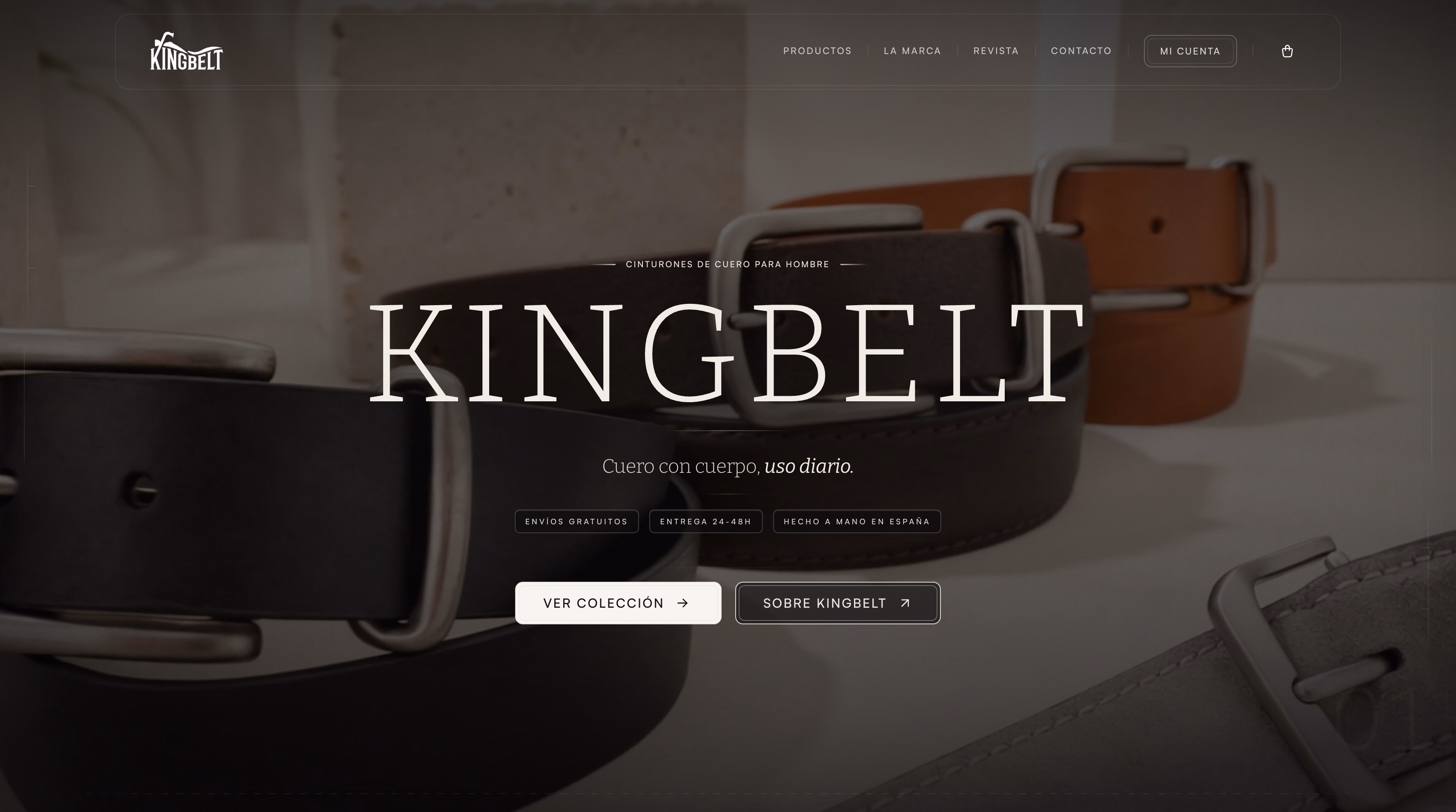 Portada de KingBelt con el titular de marca y el acceso a la colección