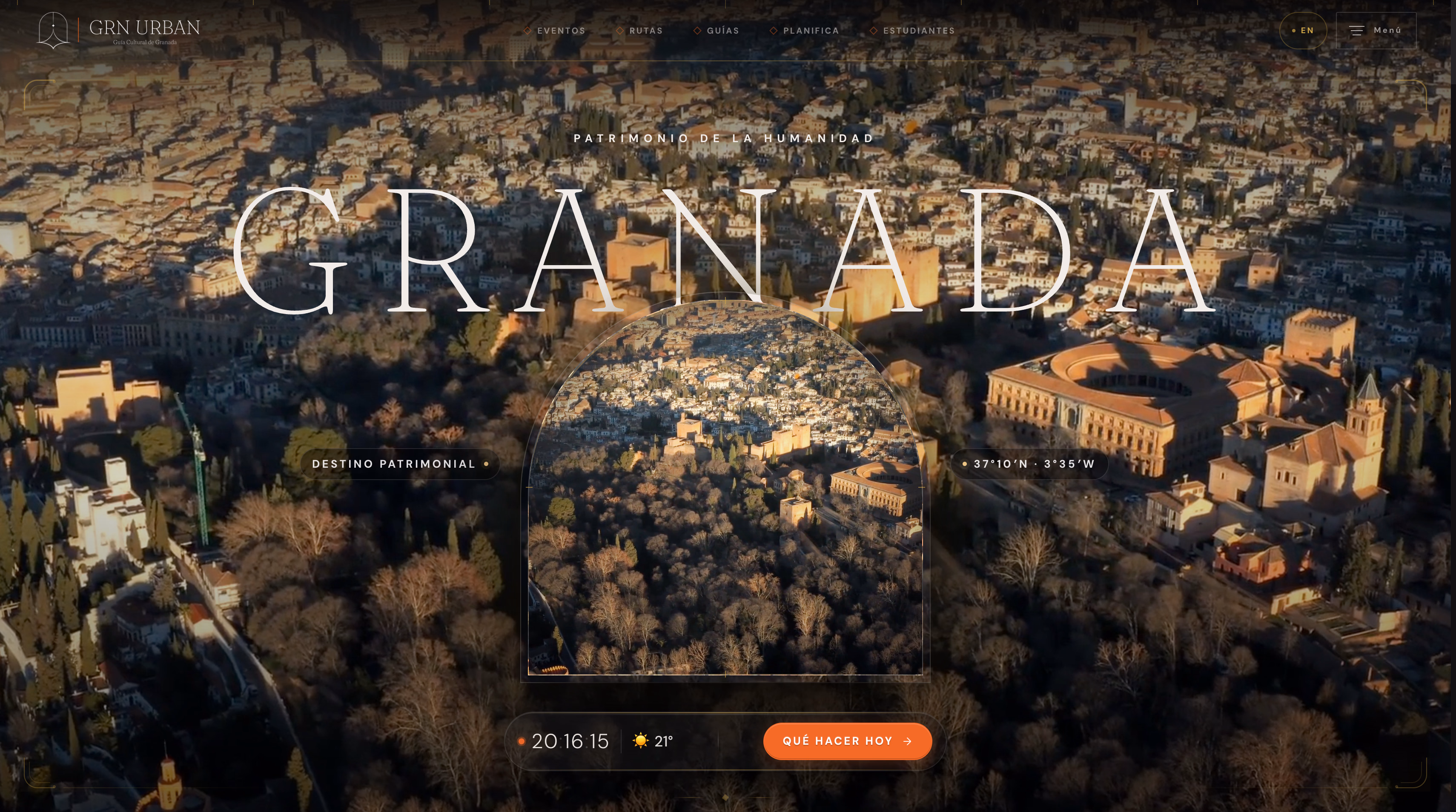 Portada de GRN Urban con vista aérea de Granada y la ciudad como tema de la guía