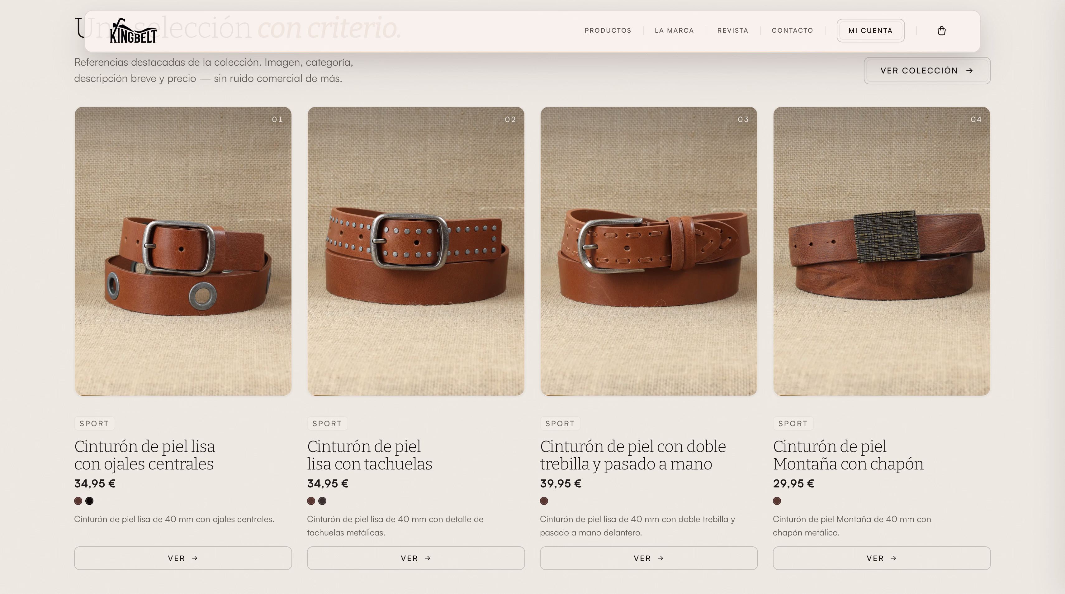 Colección de cinturones con fichas de producto, precios y variantes