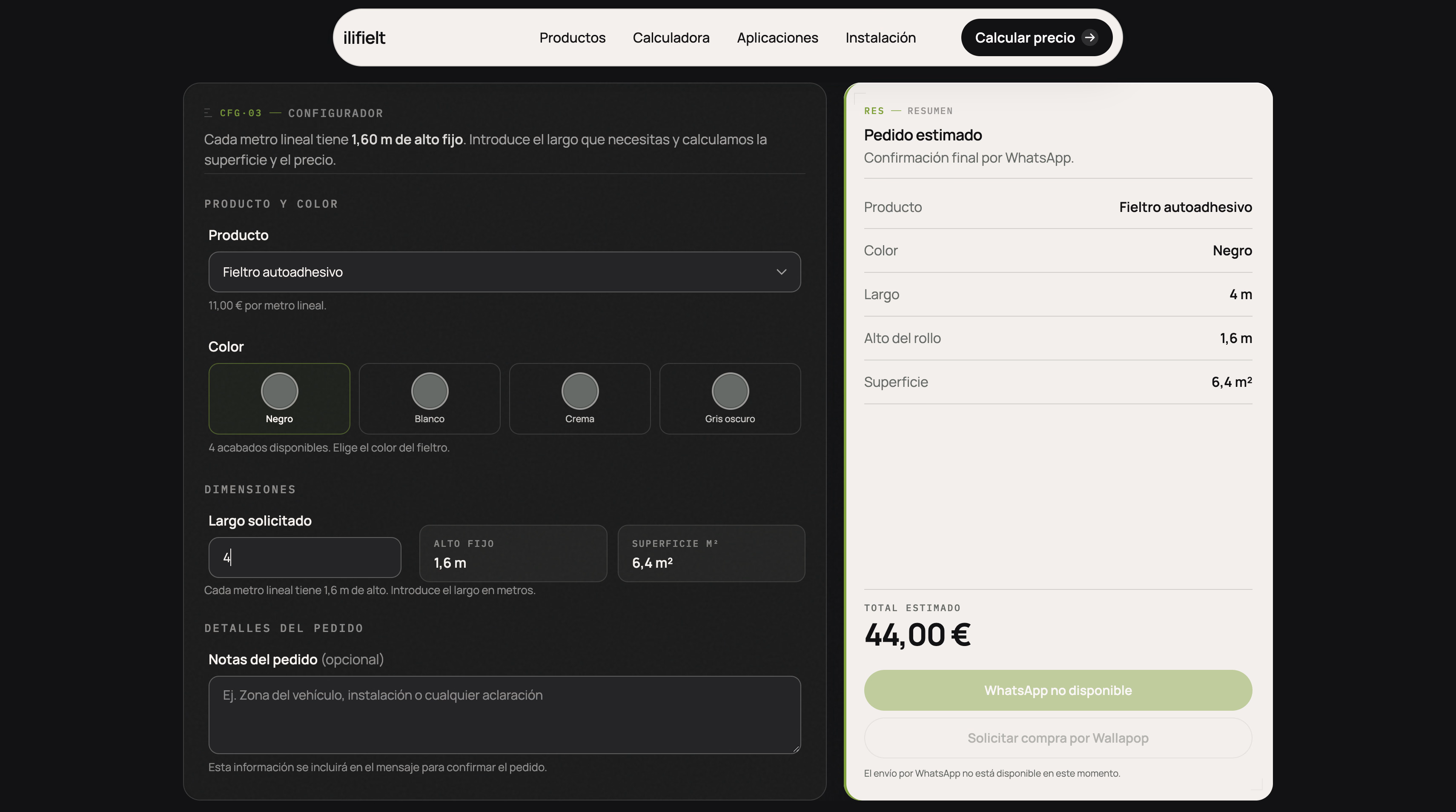 Calculadora de precio con selección de producto, color, dimensiones y estimación