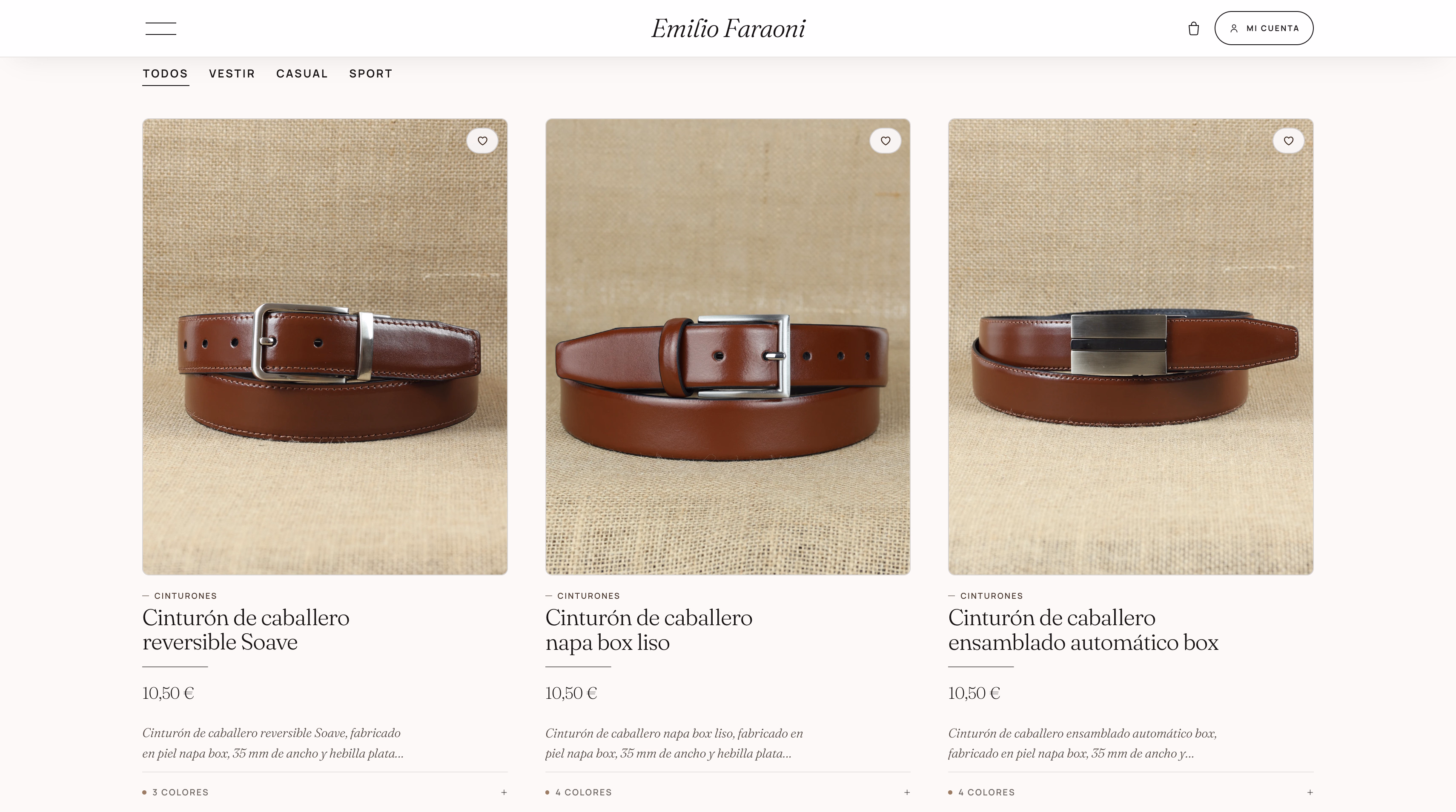 Listado de catálogo con fichas de cinturones, referencias, colores y precios