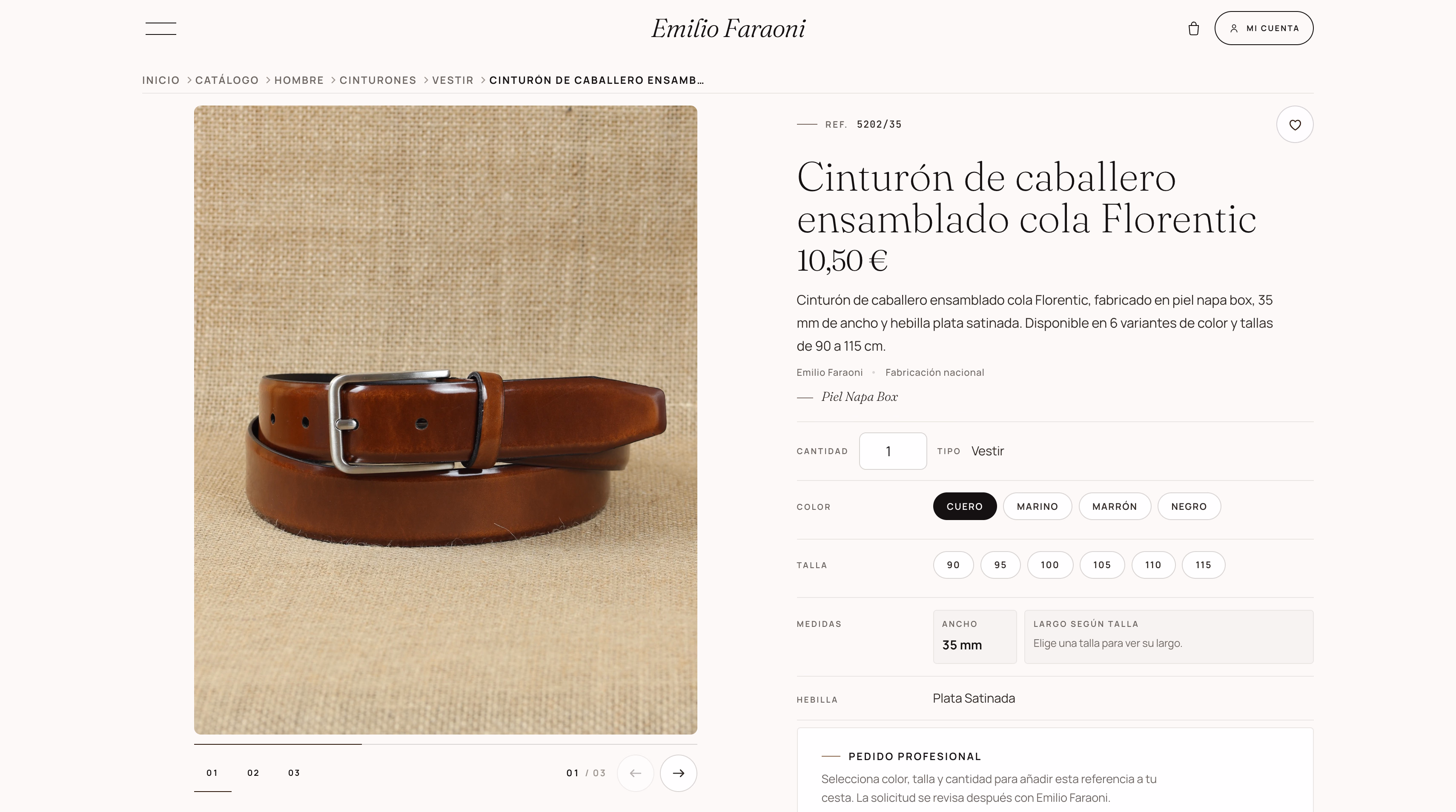 Ficha de producto de un cinturón con selección de color y talla