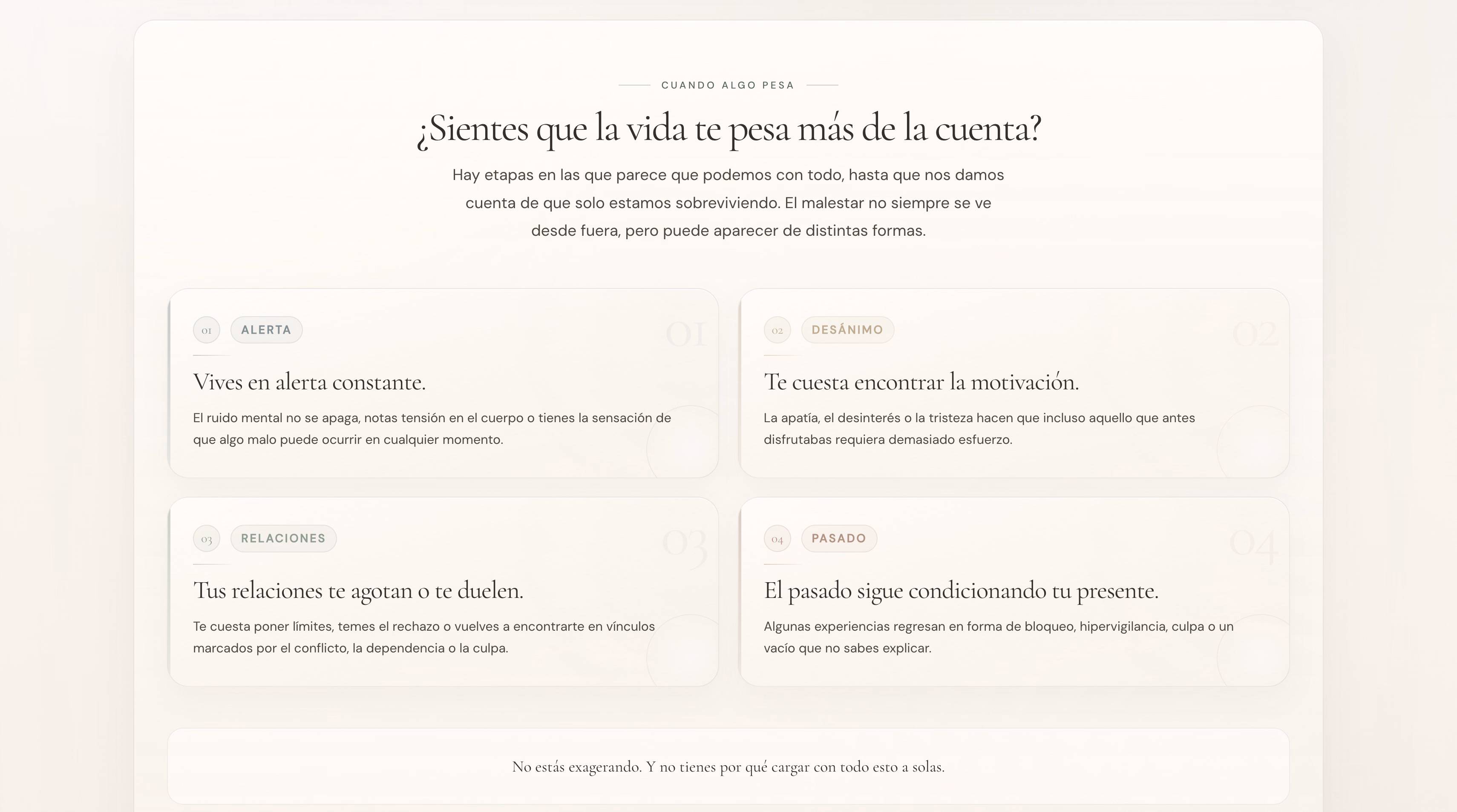 Sección que describe señales frecuentes: alerta, desánimo, relaciones y pasado
