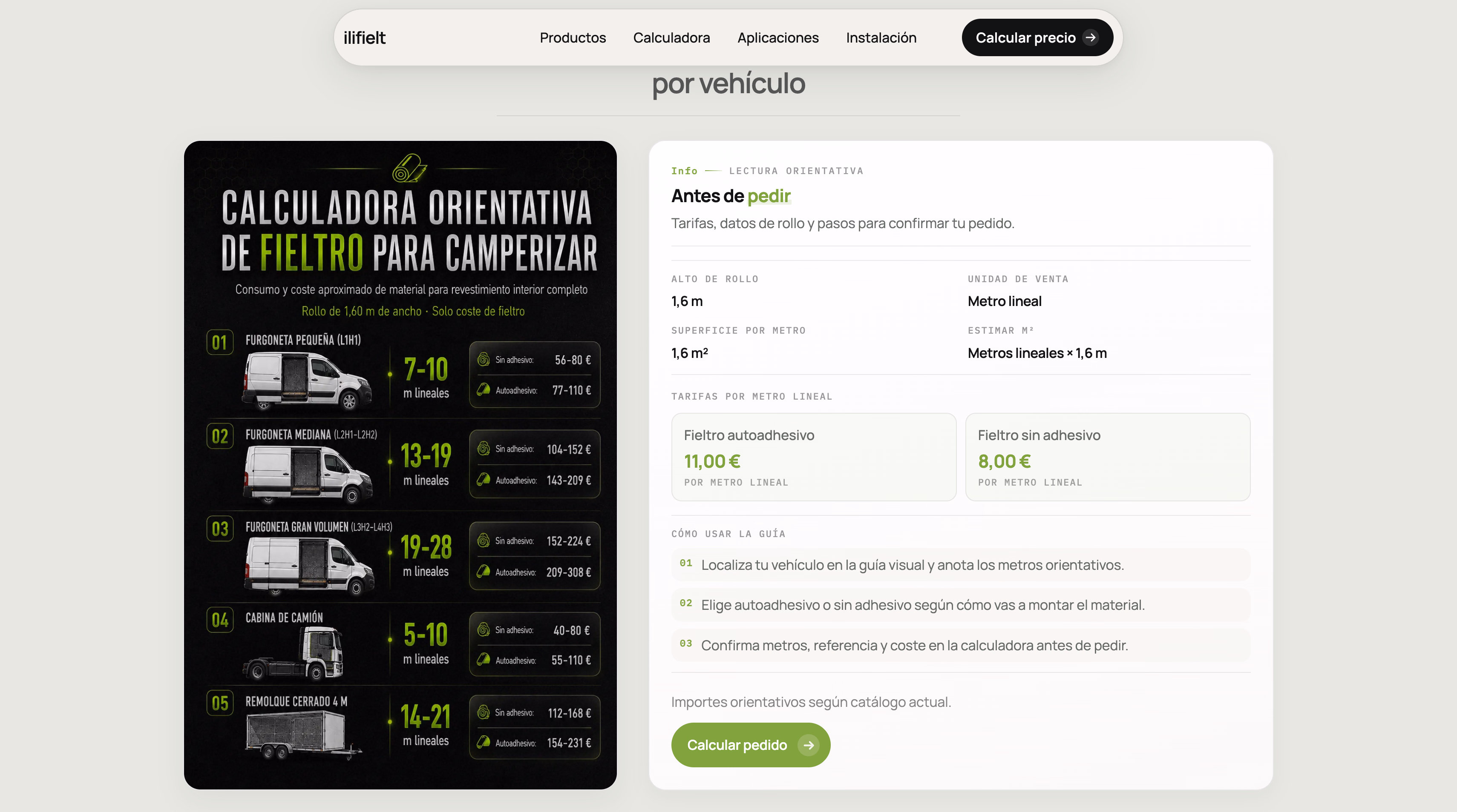Sección de calculadora orientativa con referencia de producto y precios por metro lineal