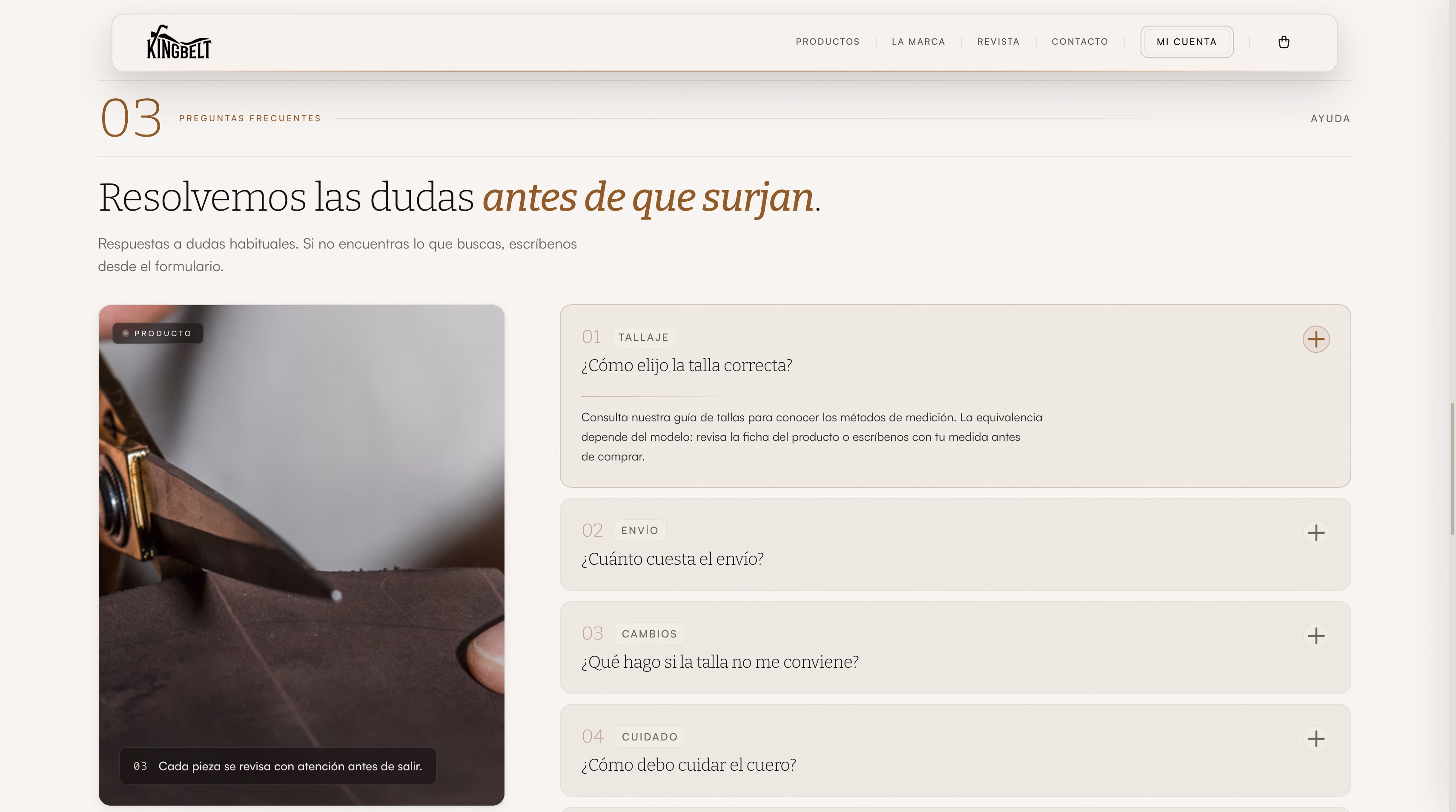 Preguntas frecuentes sobre talla, envío, cambios y cuidado del cuero
