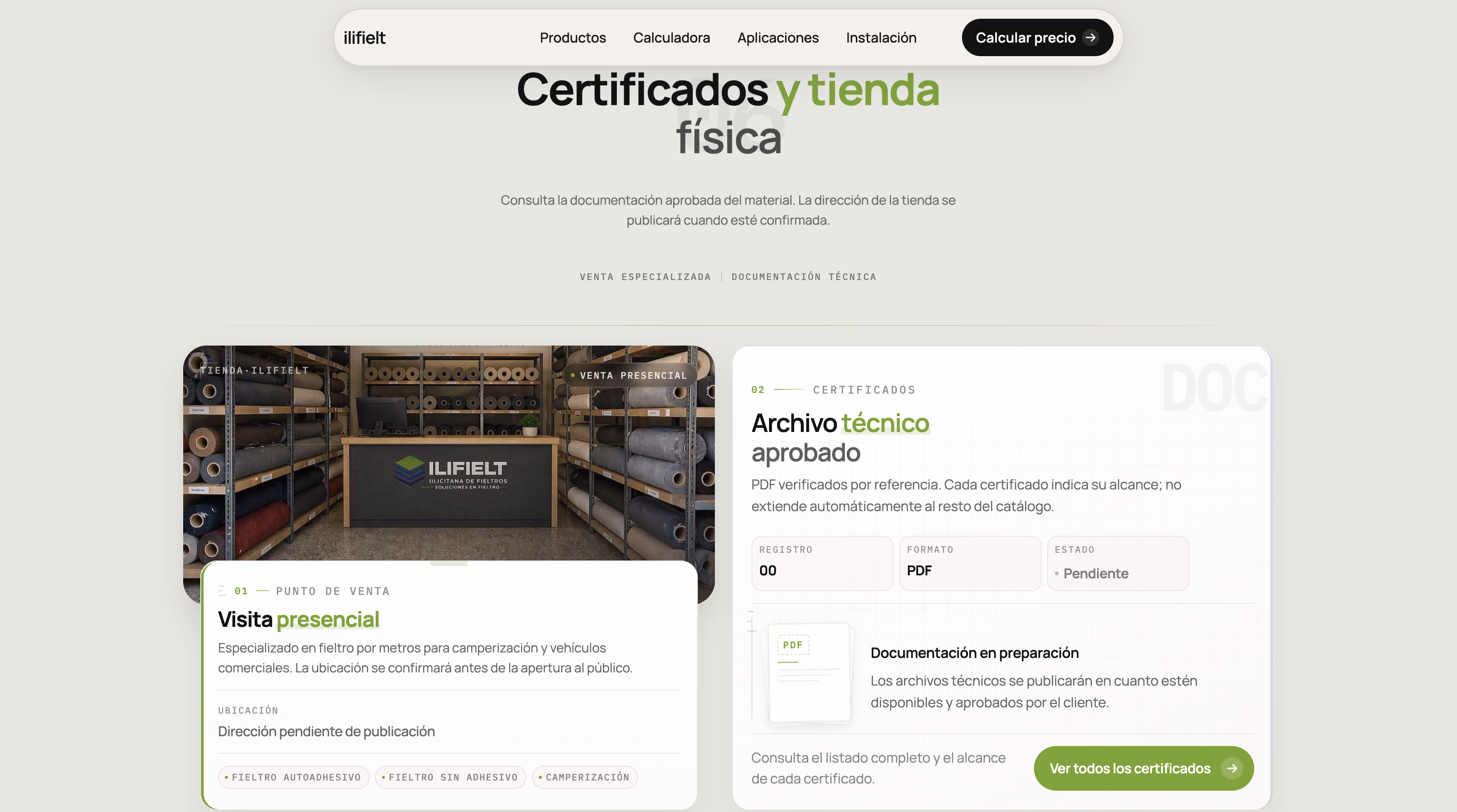 Sección de venta física y documentación técnica del material