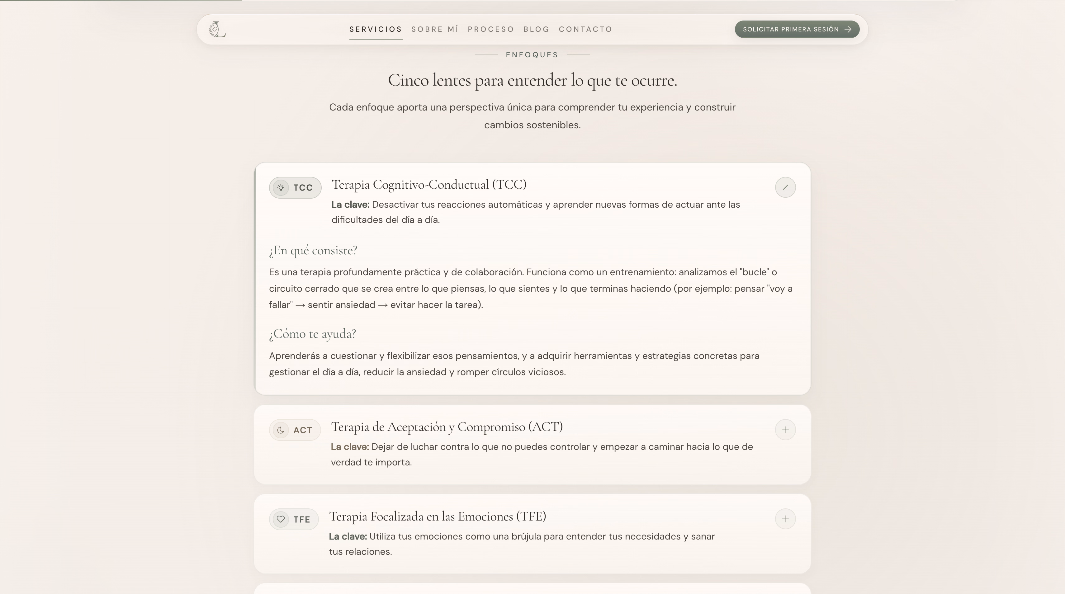 Sección de enfoques con TCC, ACT y TFE explicados