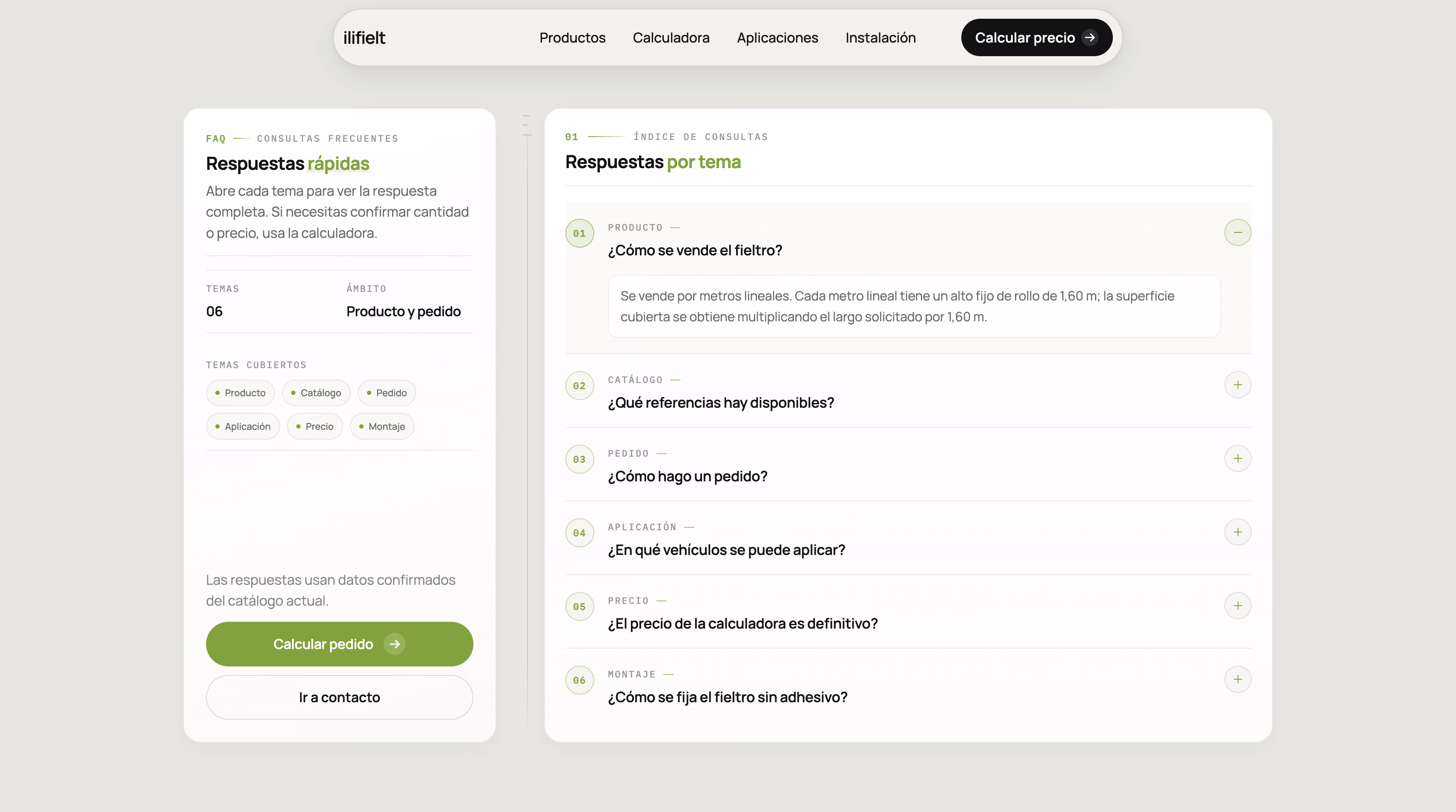 Preguntas frecuentes sobre producto, catálogo, precios y aplicación del fieltro