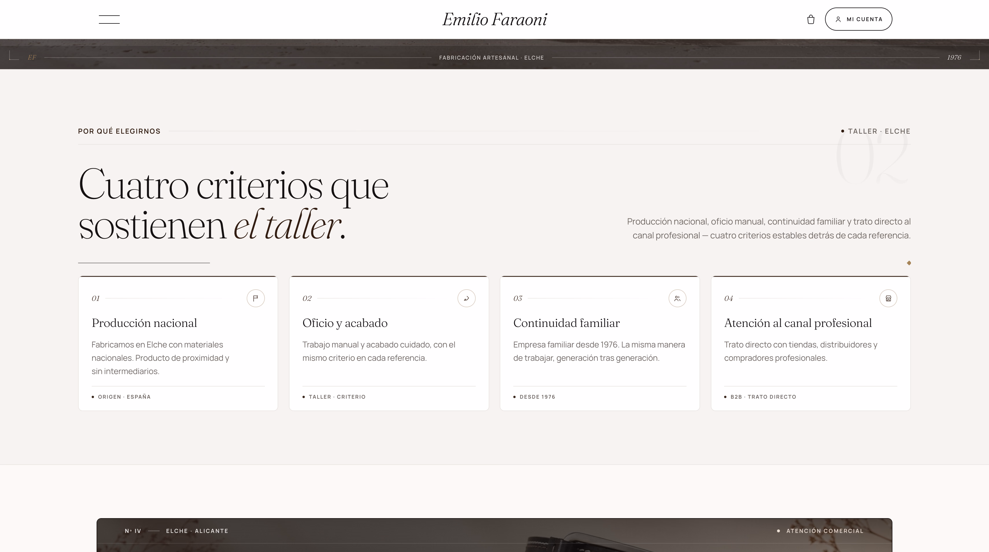 Sección de confianza con cuatro criterios de taller: producción nacional, oficio, continuidad familiar y atención profesional